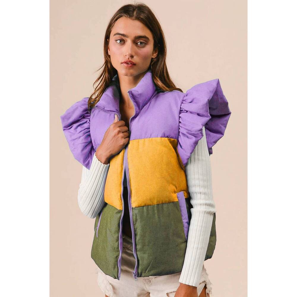 NEW VANILLA MONKEY mardi gras block puffer vest in purple mustard olive